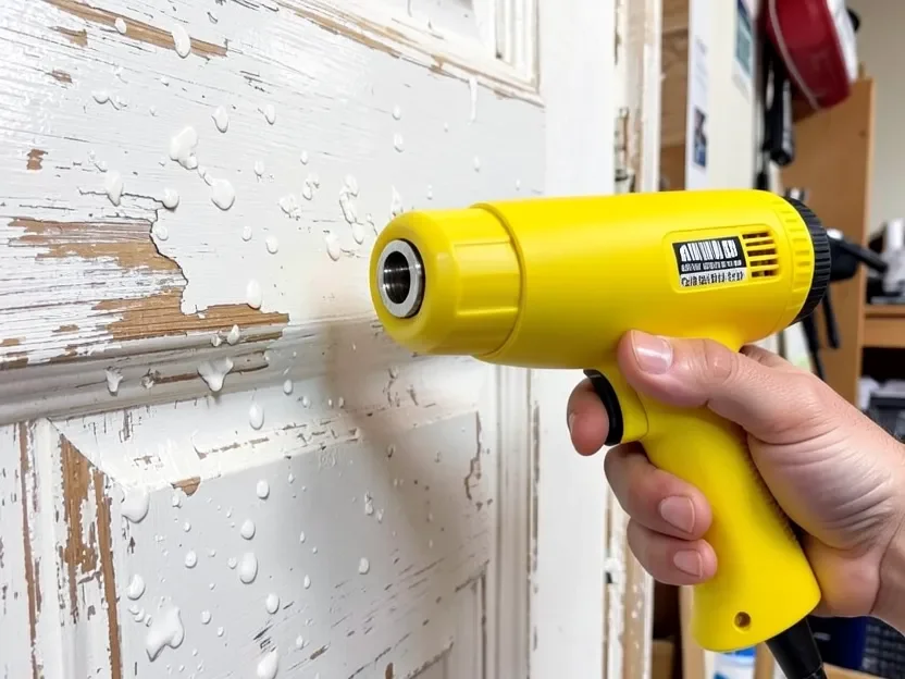 Heat gun softening old paint on a wood door before scraping