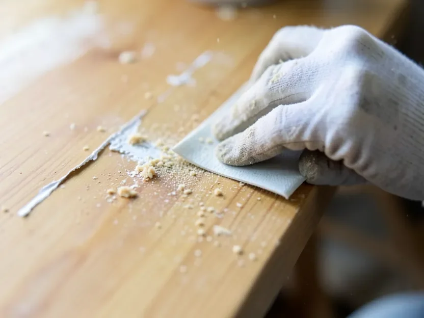 Sanding a wood surface smooth after scraping off old paint