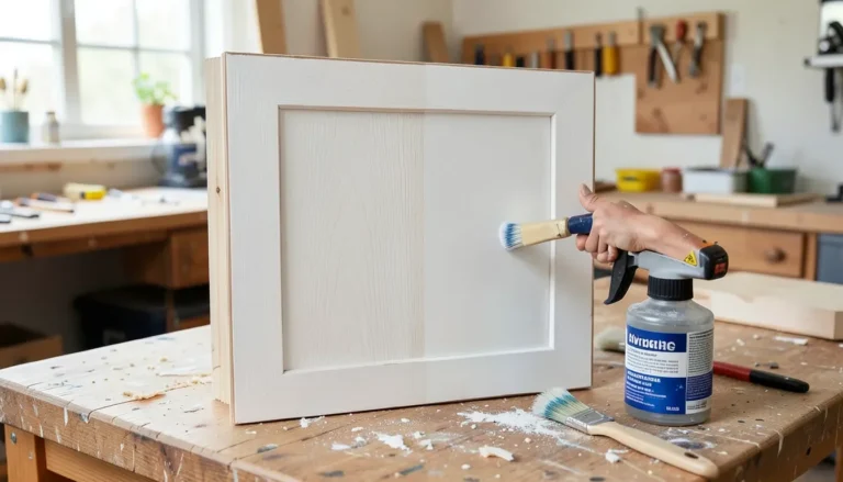 A wooden cabinet door half brush painted and half spray painted showing both finishing methods side by side
