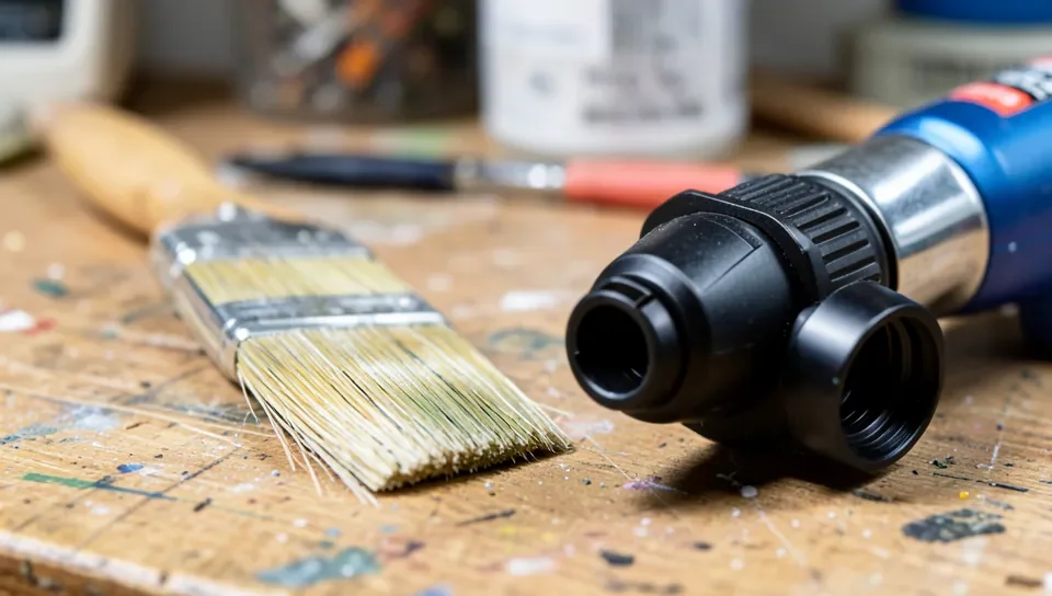 A paintbrush and an HVLP spray gun nozzle side by side