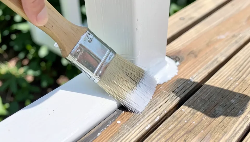 Cutting in bonding primer along a deck board edge before the topcoat