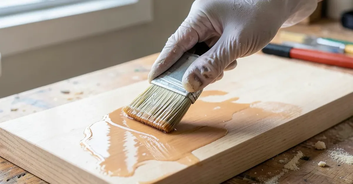Brushing clear wood sealer onto a sanded board with a gloved hand
