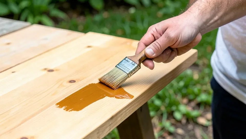 Applying stain evenly to a cedar board with a brush