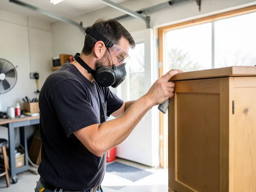 Wearing a respirator mask while sanding a cabinet door in a ventilated workshop