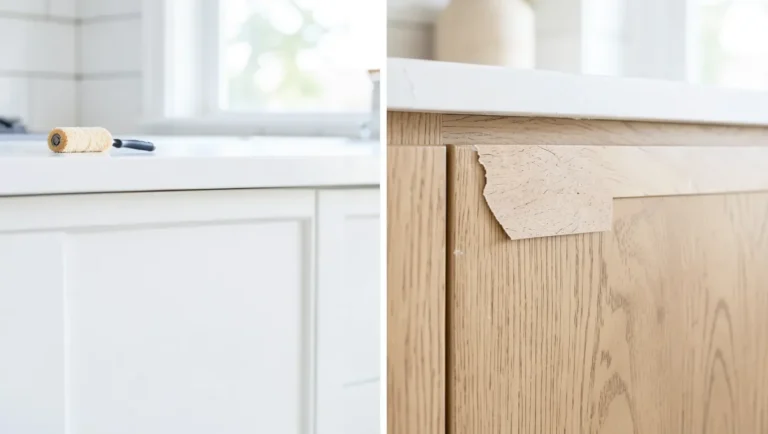 Kitchen cabinet doors being painted white and refaced with new veneer side by side