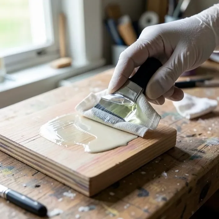 Gloved hand wiping denatured alcohol onto a painted wood surface with a rag