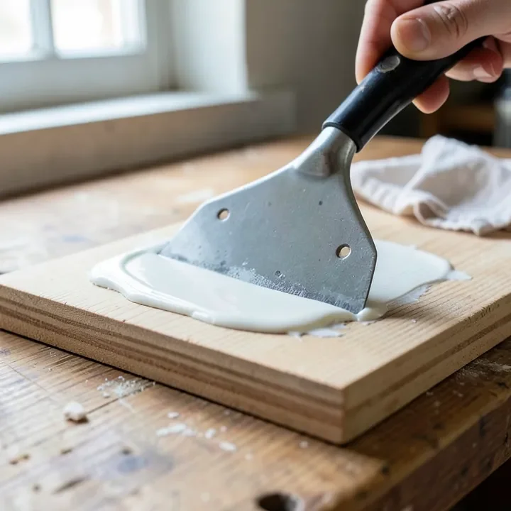 Scraper removing softened paint from a wood surface on a workshop bench