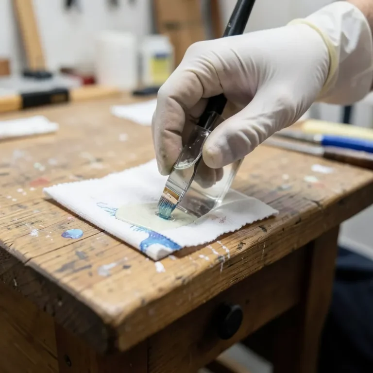 Gloved hand wiping denatured alcohol onto painted wood with a rag