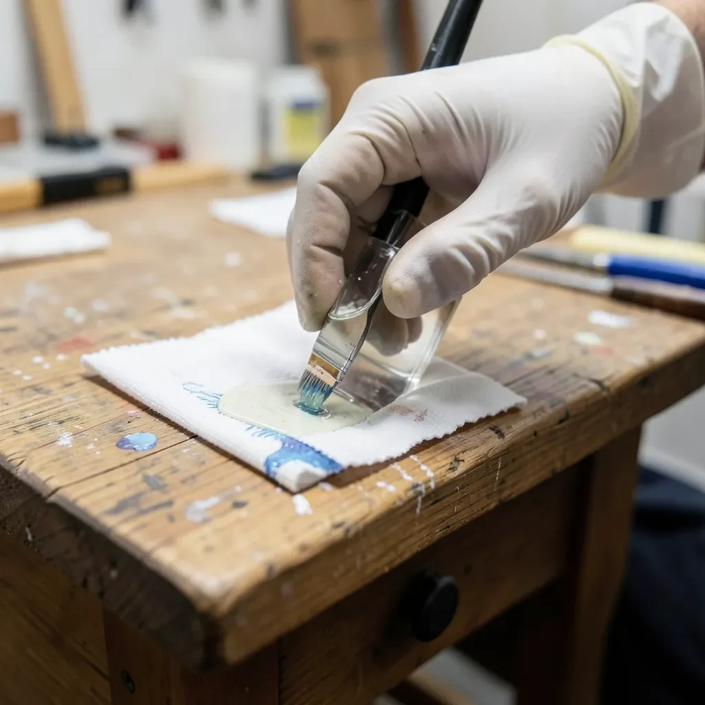 Gloved hand wiping denatured alcohol onto painted wood with a rag