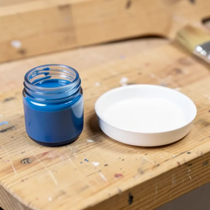 A small jar of blue acrylic paint next to a tray of white latex paint on a workbench