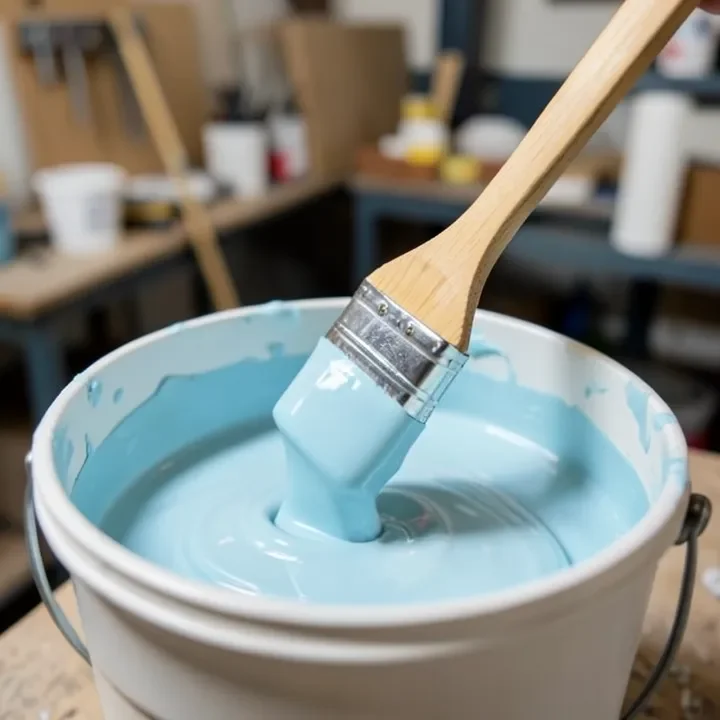 A paintbrush lifting smooth uniform light blue paint out of a mixing bucket with no clumps