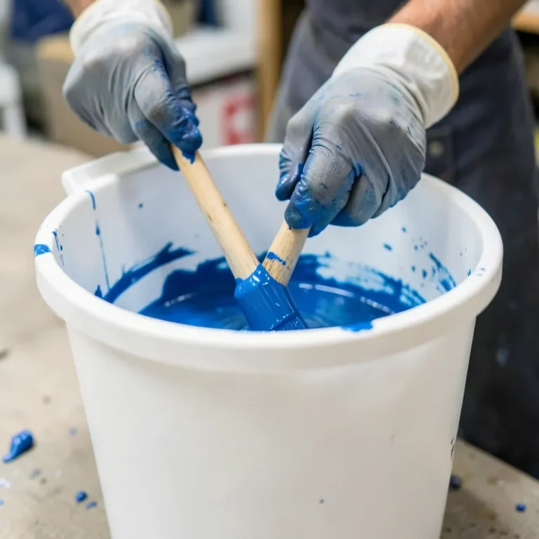 Gloved hands stirring blue paint into a mixing bucket