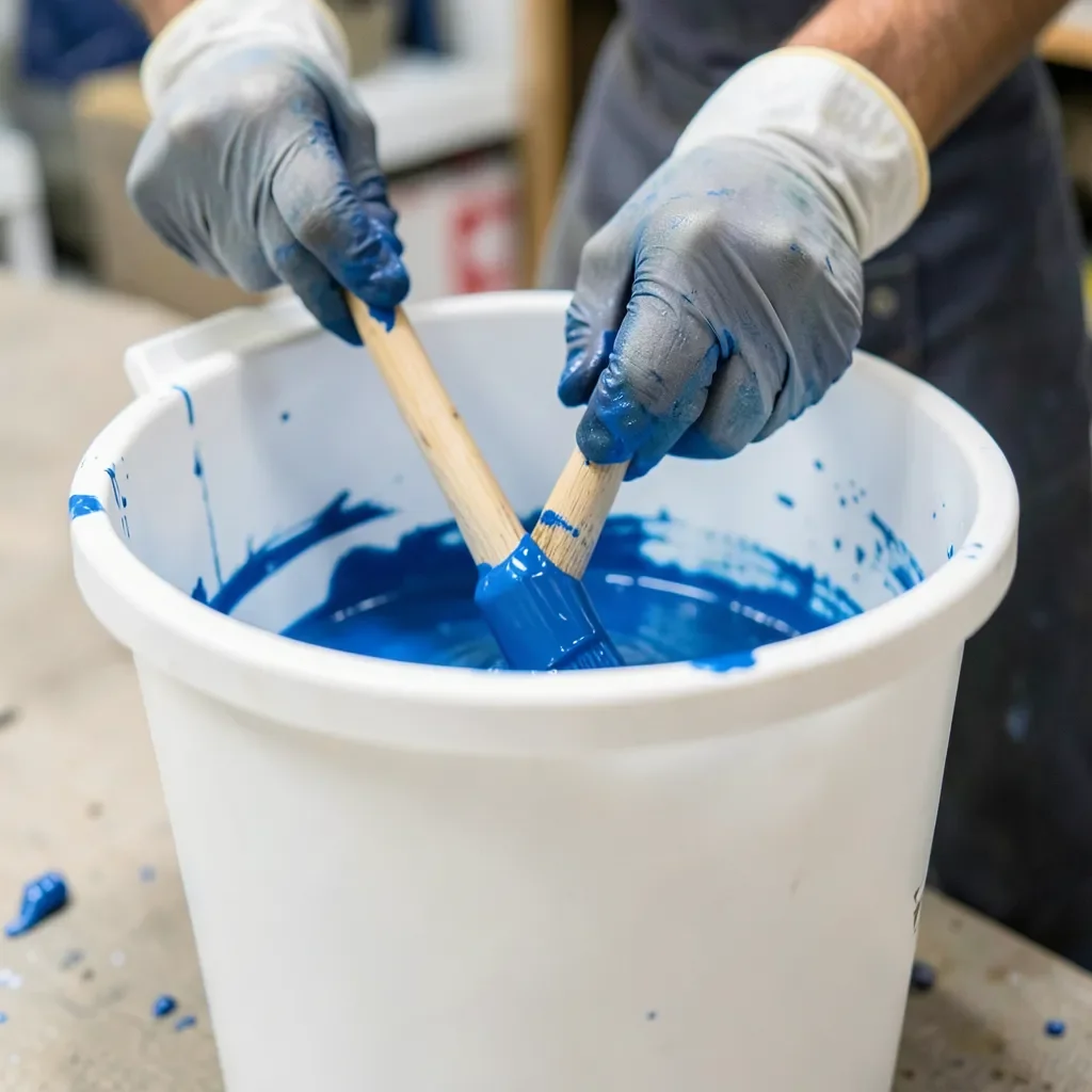 Gloved hands stirring blue paint into a mixing bucket