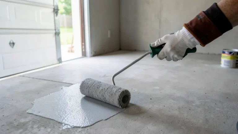 Person rolling gray masonry paint onto a bare concrete garage floor