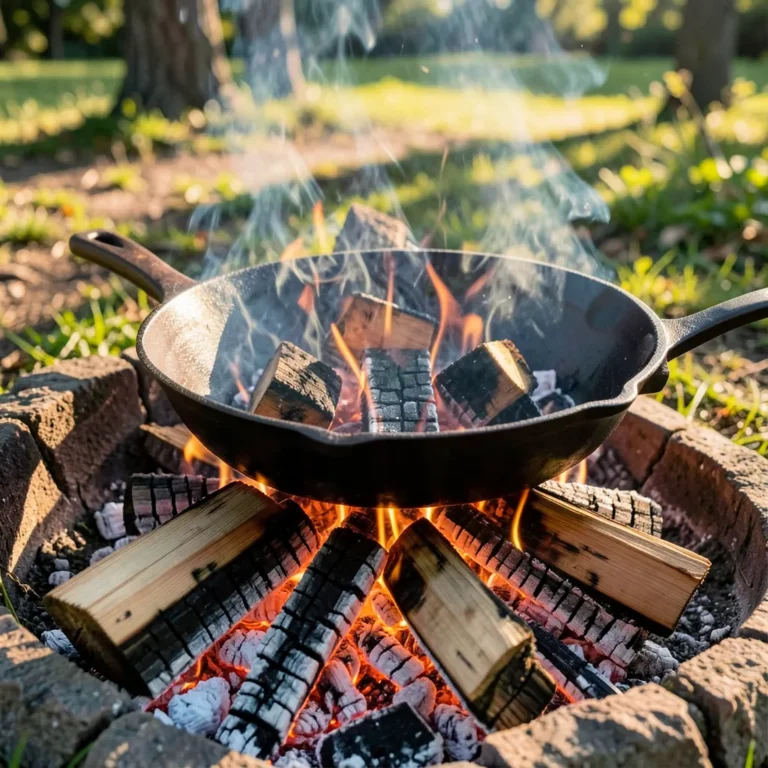 Hardwood chunks glowing over a campfire, the safer alternative to cooking with pine wood
