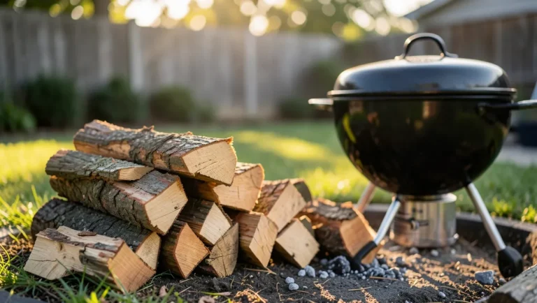 Seasoned oak firewood logs stacked beside a charcoal grill in a backyard