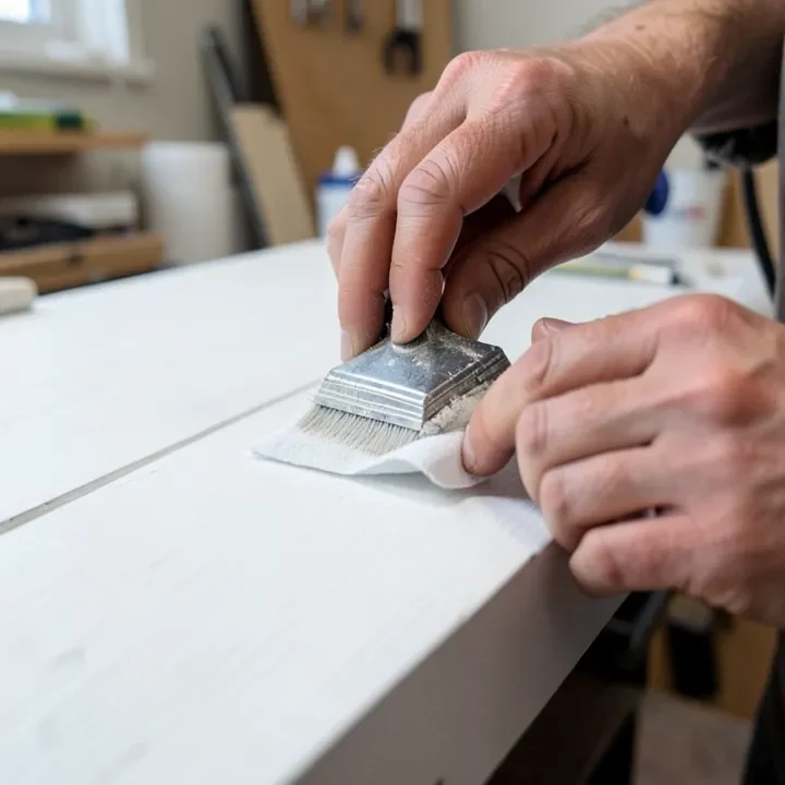 scuff-sanding a primed wood surface with fine sandpaper before painting