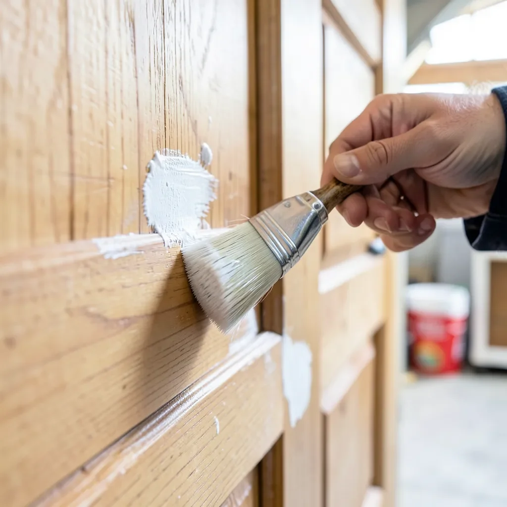person applying white primer with a paintbrush to a wooden door