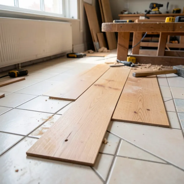 Click-lock wood floor planks being installed directly over an existing ceramic tile floor