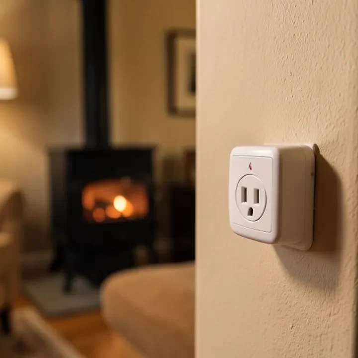 Plug-in carbon monoxide detector installed near a wood-burning stove living area