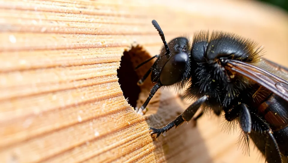 Female carpenter bee drilling a round entrance hole into unfinished wood