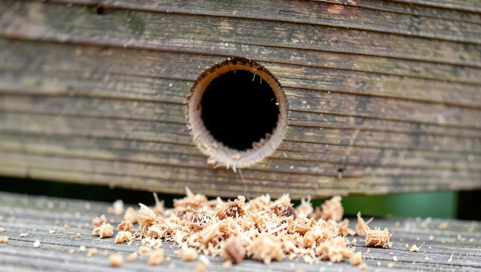 Carpenter bee entrance hole with sawdust frass below it on a wooden deck rail