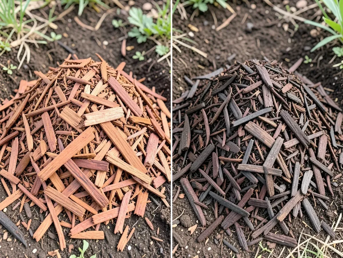 Pile of reddish cedar mulch next to a pile of darker shredded hardwood mulch on garden soil