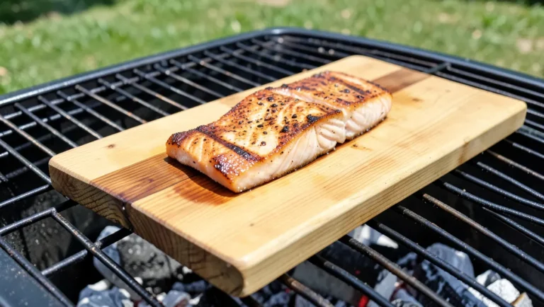 Cedar plank grilled salmon on a barbecue, the safe way to use cedar with food