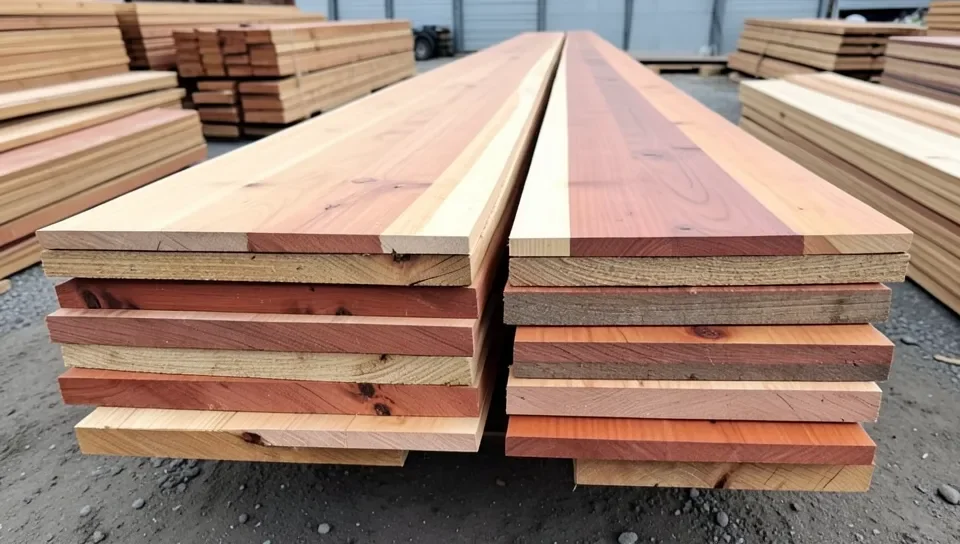 Cedar and redwood lumber boards stacked side by side at a lumber yard
