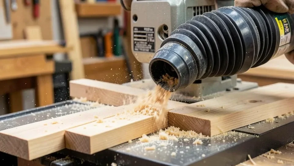 Dust collection hose extracting cedar sawdust from a table saw in a woodworking shop