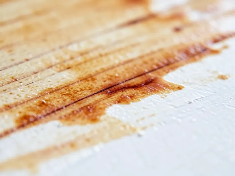 Close-up of cedar tannin bleed-through staining a white painted surface