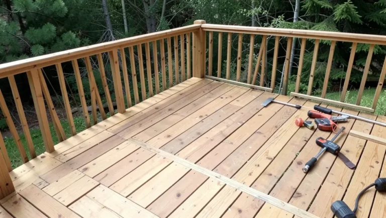 Partially built wooden deck with cedar boards