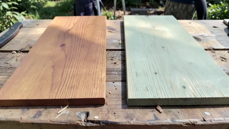 Side by side comparison of natural cedar wood board and pressure treated lumber board outdoors