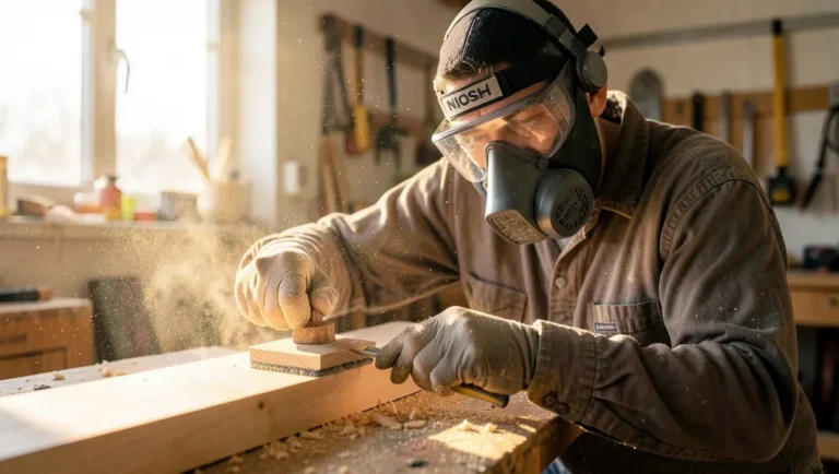 Woodworker wearing a NIOSH N95 respirator while sanding cedar wood, sawdust visible in sunlight