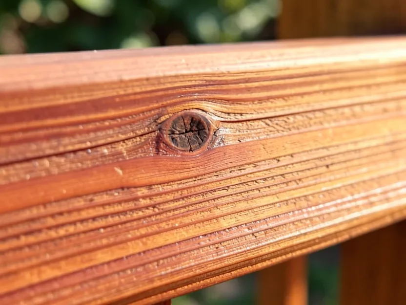 Close-up of natural cedar wood grain on an outdoor railing board showing warm reddish-brown color and visible knots
