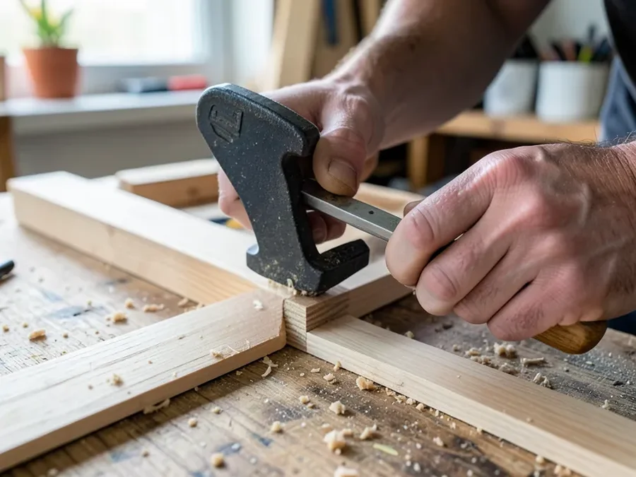 A woodworking clamp applying pressure to a glued wood joint on a workbench