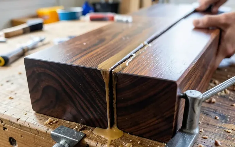 two exotic hardwood boards clamped together with bar clamps while epoxy adhesive cures two exotic hardwood boards clamped together with bar clamps while epoxy adhesive cures