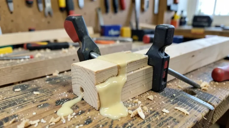 Two pieces of wood clamped together with visible glue squeeze-out along the seam