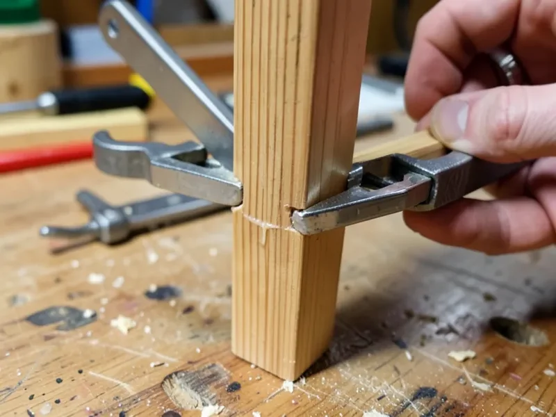 Clamping a glued chair leg joint on a workbench