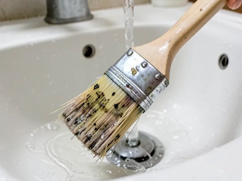 Rinsing a stain brush clean under running water