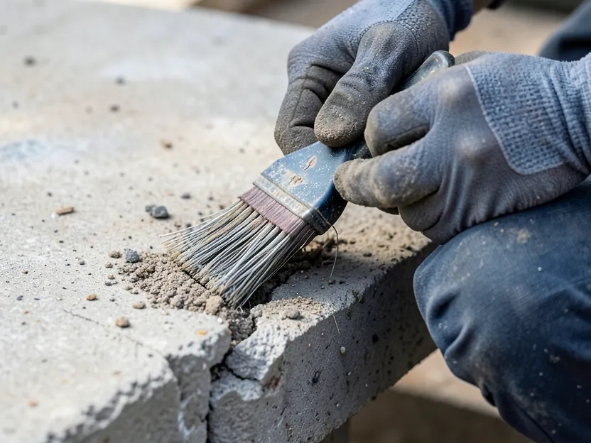 Gloved hands using a wire brush to clean debris from a concrete crack before repair Gloved hands using a wire brush to clean debris from a concrete crack before repair
