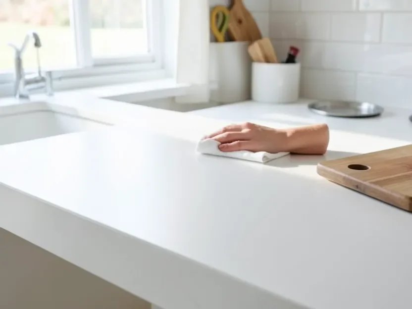 Wiping down a finished painted laminate countertop with a soft cloth