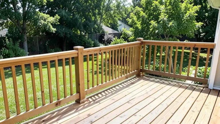 Finished wood deck with a code-compliant guardrail railing system