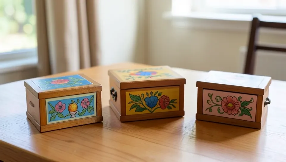 Several colorful painted wooden boxes displayed together