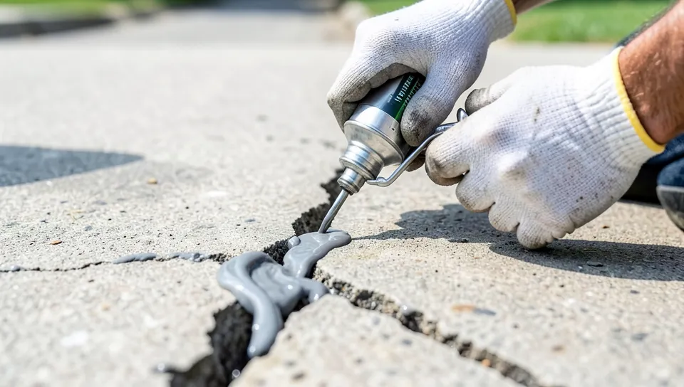 Gloved hands using a caulk gun to inject epoxy adhesive into a cracked concrete driveway
