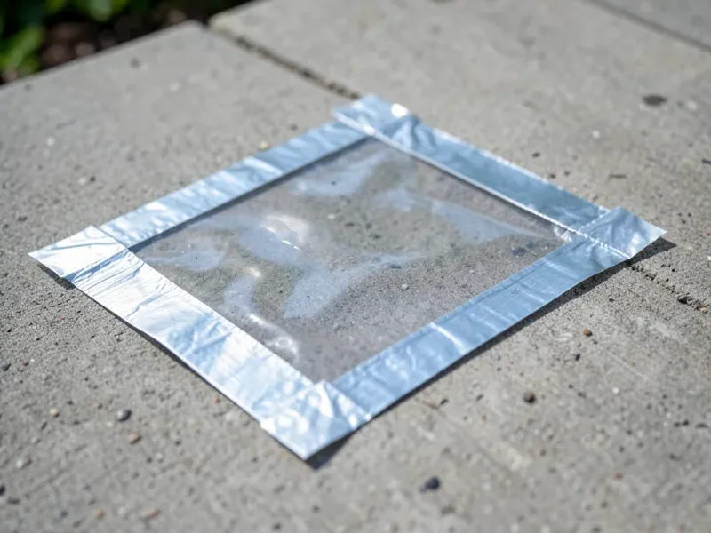 Clear plastic sheet taped to a concrete slab for a moisture vapor test