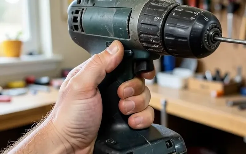 Close-up of a hand holding a cordless drill showing the adjustable clutch dial Close-up of a hand holding a cordless drill showing the adjustable clutch dial