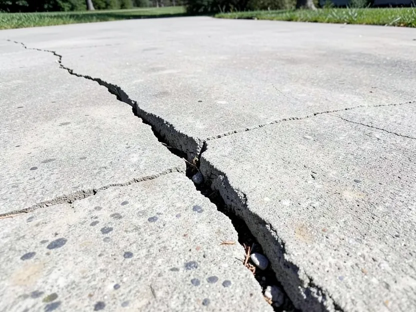 Deep structural crack running across a concrete driveway slab Deep structural crack running across a concrete driveway slab