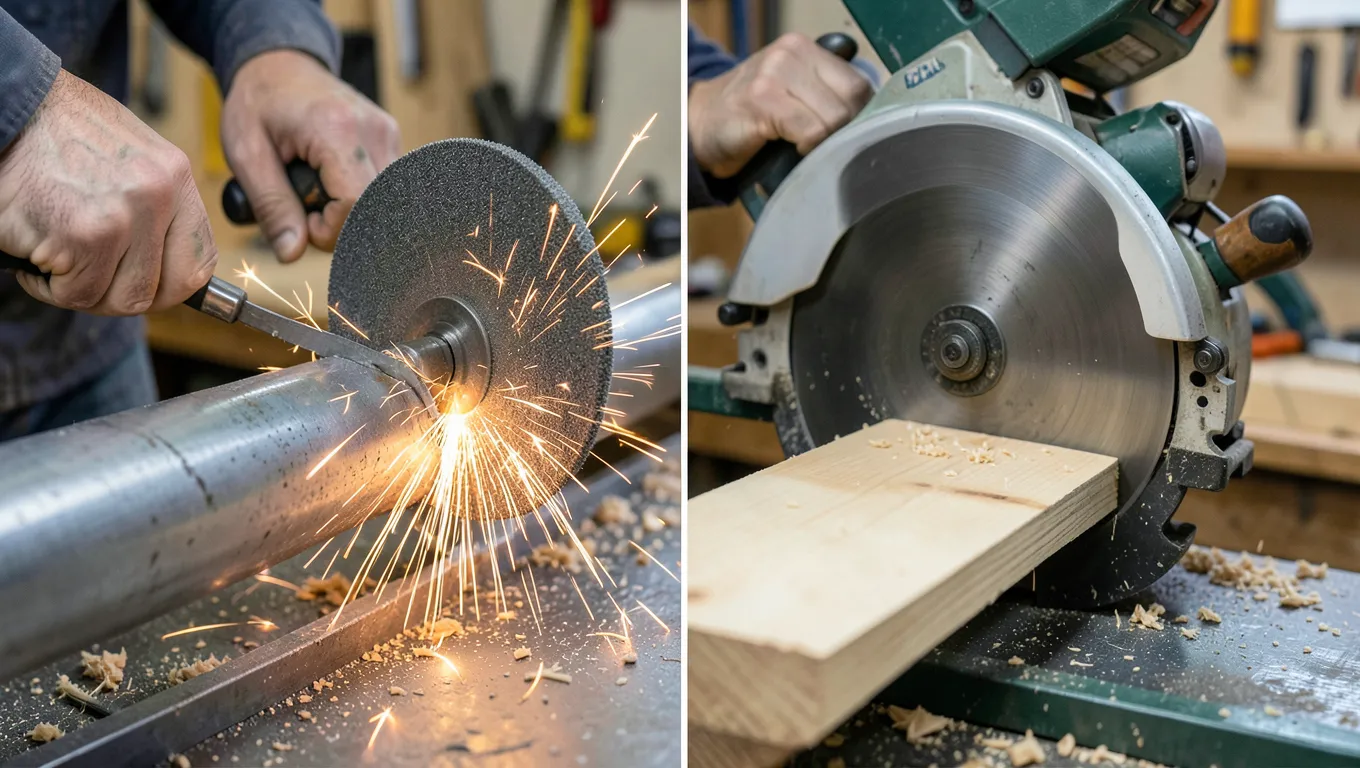 Cut-off tool cutting metal pipe next to a circular saw cutting wood