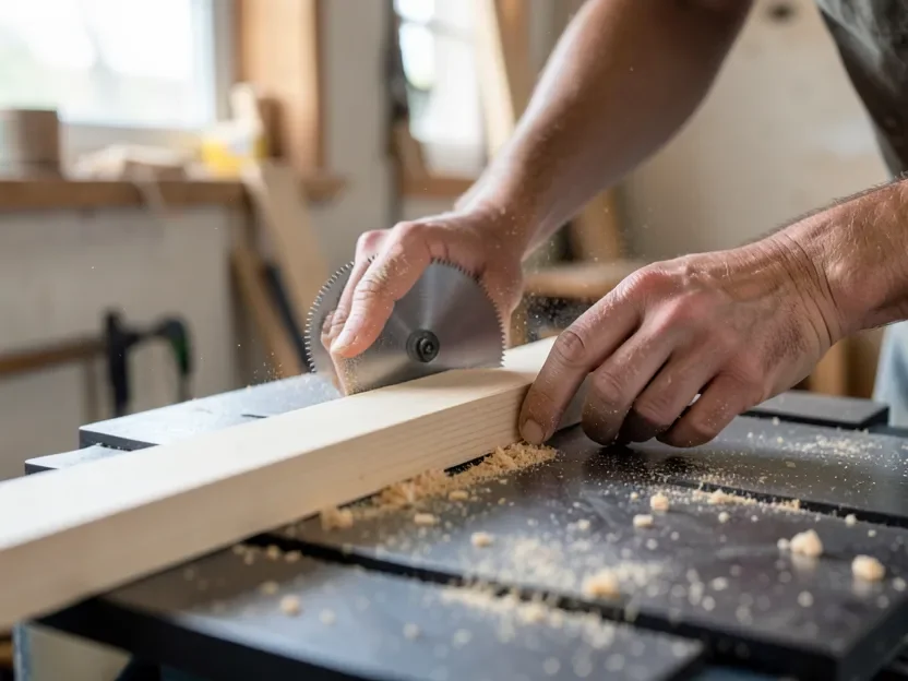 Cutting a hard maple board on a table saw with a sharp carbide-tipped blade